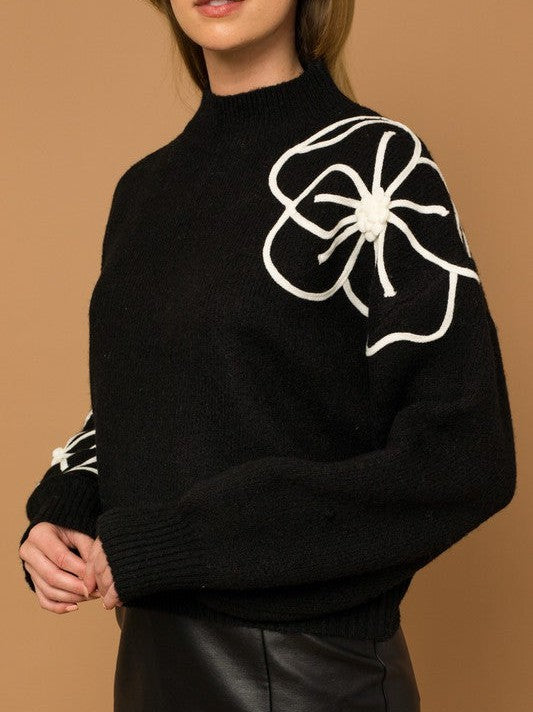 Flower Power Embroidered Mock Neck Sweater-Shirts & Tops-Shop Z & Joxa