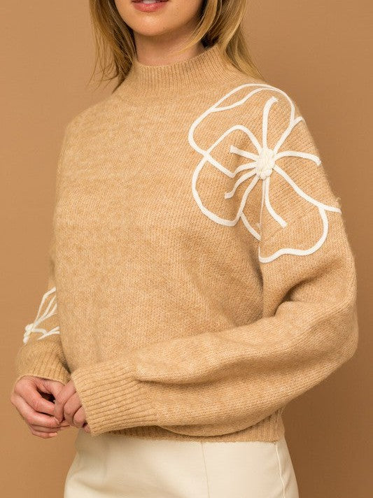 Flower Power Embroidered Mock Neck Sweater-Shirts & Tops-Shop Z & Joxa