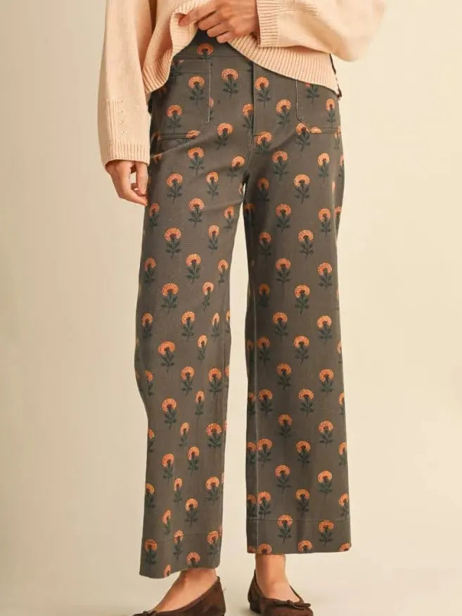 Flower Power Olive Floral High Rise Wide Leg Pants-Women's Pants-Shop Z & Joxa