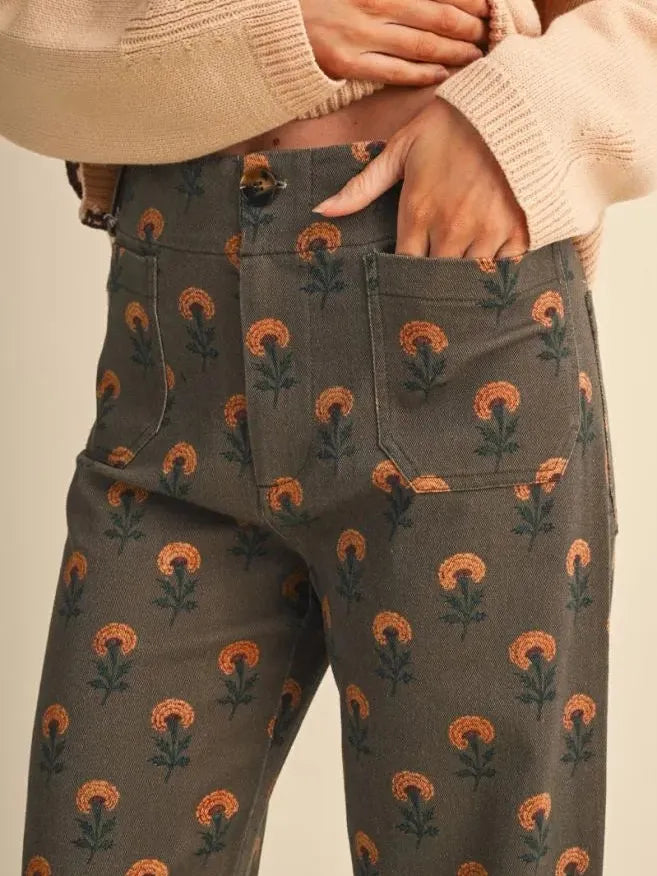 Flower Power Olive Floral High Rise Wide Leg Pants-Women's Pants-Shop Z & Joxa