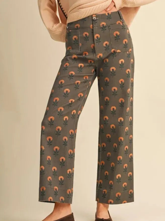 Flower Power Olive Floral High Rise Wide Leg Pants-Women's Pants-Shop Z & Joxa