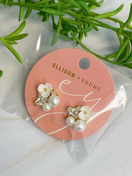 Flowers + Pearls Jeweled Stud Floral Earrings-Women's Accessories-Shop Z & Joxa