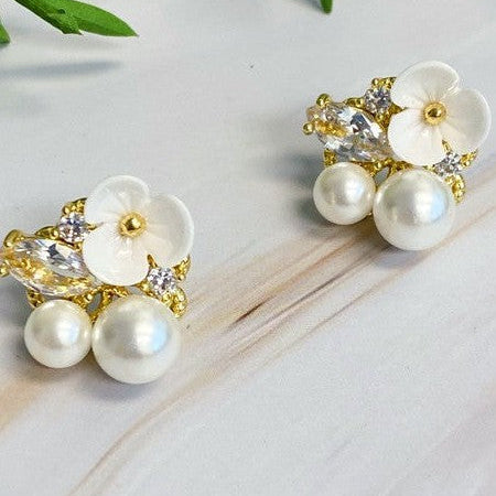 Flowers + Pearls Jeweled Stud Floral Earrings-Women's Accessories-Shop Z & Joxa