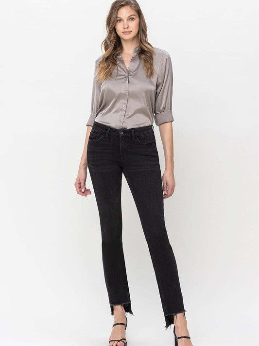 Flying Monkey Black Denim Never Fails Mid Rise Step Hem with Slit Straight Jeans-Women's Clothing-Shop Z & Joxa