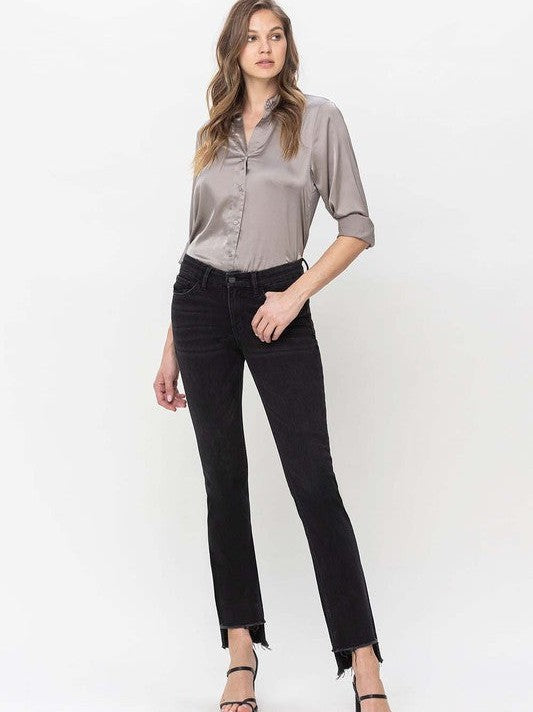 Flying Monkey Black Denim Never Fails Mid Rise Step Hem with Slit Straight Jeans-Women's Clothing-Shop Z & Joxa