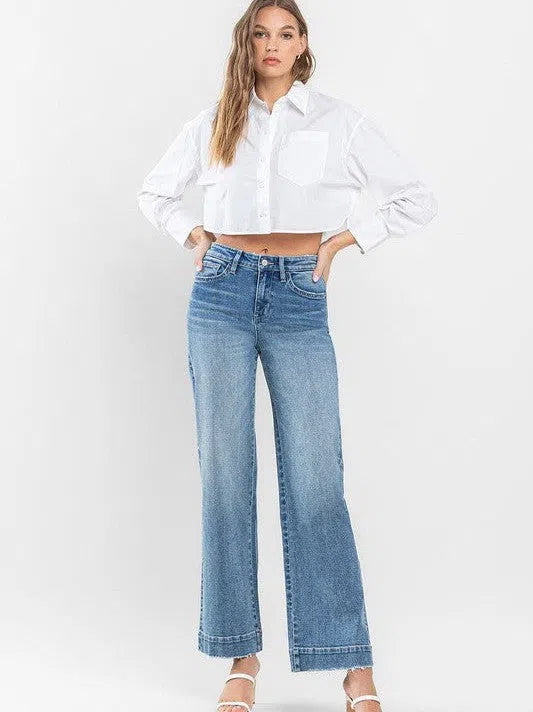 Flying Monkey High Rise Wide Leg Jeans with Trouser Hem Detail-Women's Clothing-Shop Z & Joxa