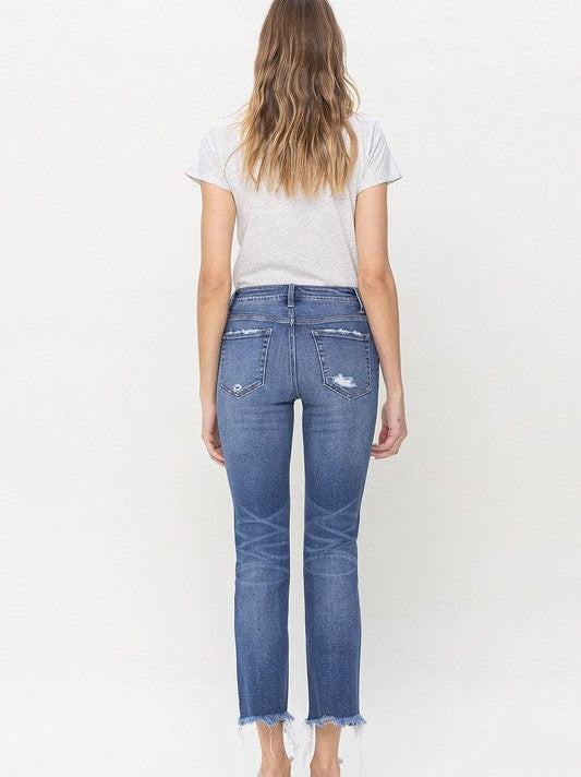 Flying Monkey Miss Congeniality Mid Rise Straight Cropped Jeans with Frayed Hem-Women's Clothing-Shop Z & Joxa