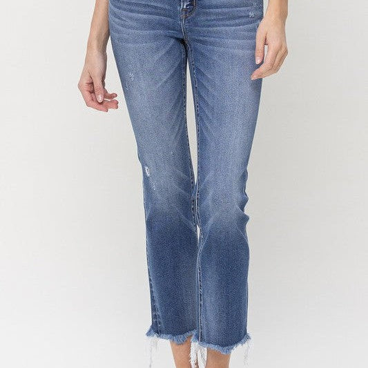 Flying Monkey Miss Congeniality Mid Rise Straight Cropped Jeans with Frayed Hem-Women's Clothing-Shop Z & Joxa