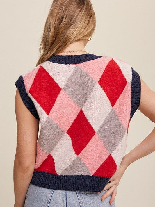 Forever in Style Argyle Cropped Sweater Vest-Women's Clothing-Shop Z & Joxa