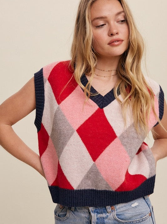Forever in Style Argyle Cropped Sweater Vest-Women's Clothing-Shop Z & Joxa