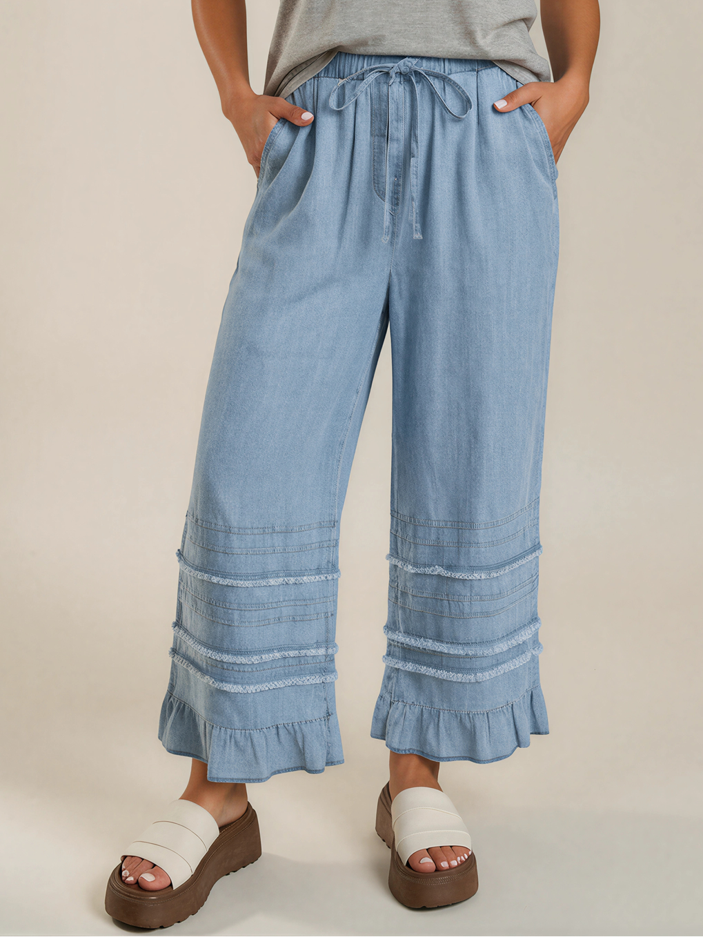 Frankly Darling Ruffled Hem Wide Leg Chambray Pants-Women's Jeans-Shop Z & Joxa