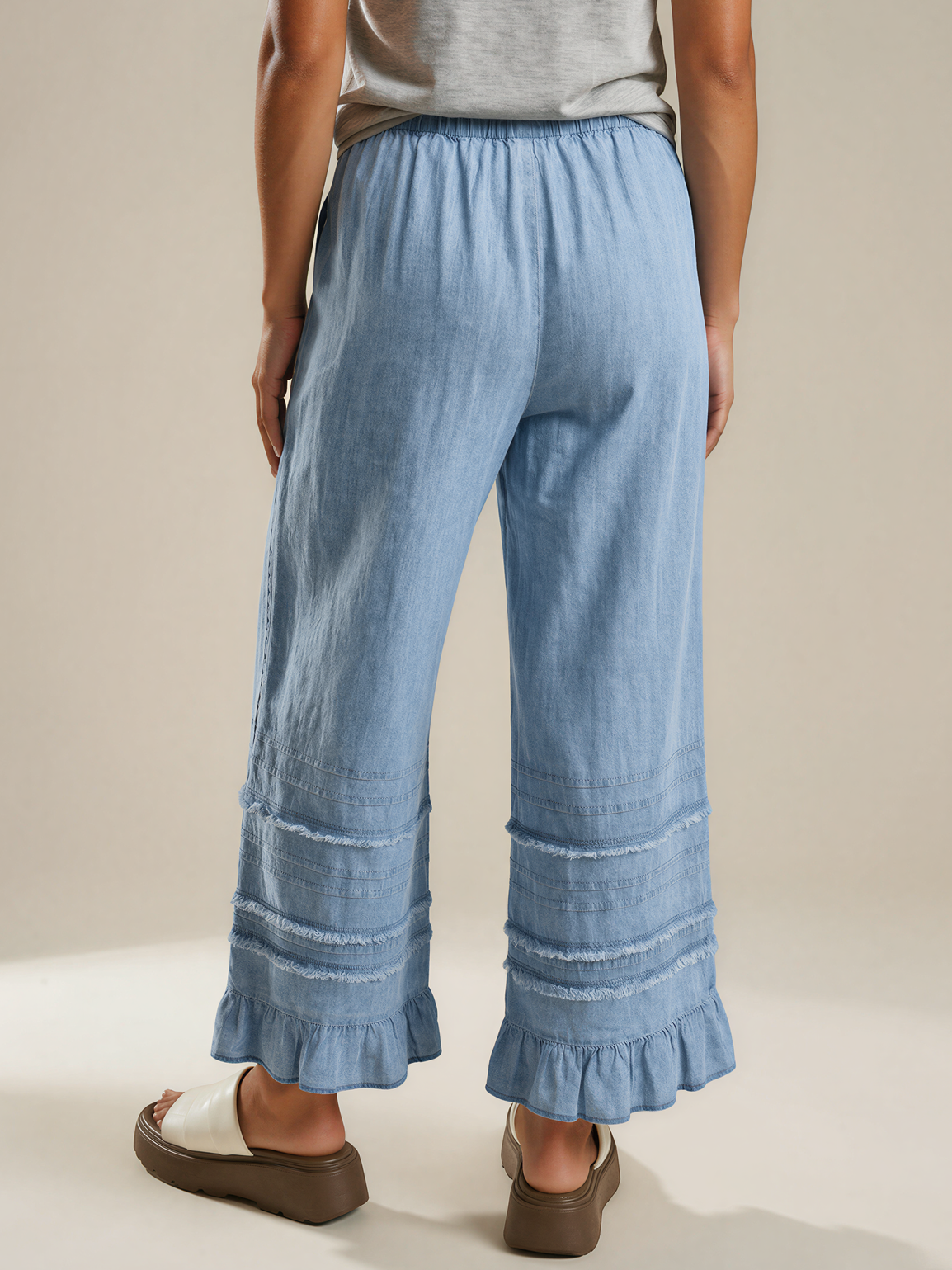 Frankly Darling Ruffled Hem Wide Leg Chambray Pants-Women's Jeans-Shop Z & Joxa
