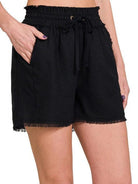 Frayed Just Right Drawstring Shorts with Pockets-Women's Clothing-Shop Z & Joxa