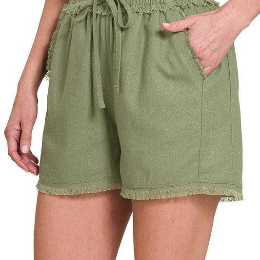 Frayed Just Right Drawstring Shorts with Pockets-Women's Clothing-Shop Z & Joxa