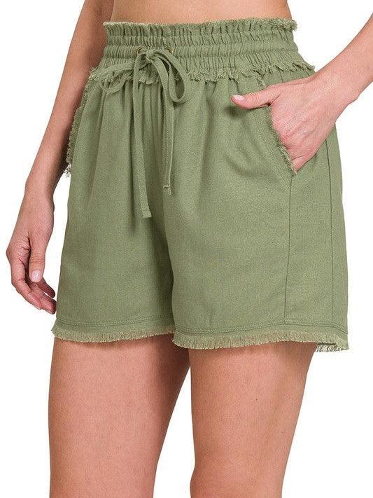 Frayed Just Right Drawstring Shorts with Pockets-Women's Clothing-Shop Z & Joxa