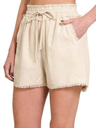 Frayed Just Right Drawstring Shorts with Pockets-Women's Clothing-Shop Z & Joxa