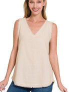 Frayed Just Right V-Neck Sleeveless Top-Women's Clothing-Shop Z & Joxa