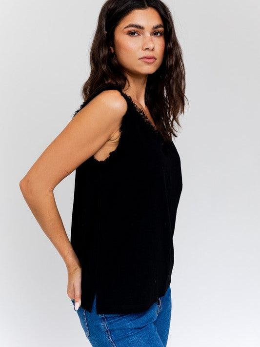 Frayed Style V-neck Top-Women's Clothing-Shop Z & Joxa