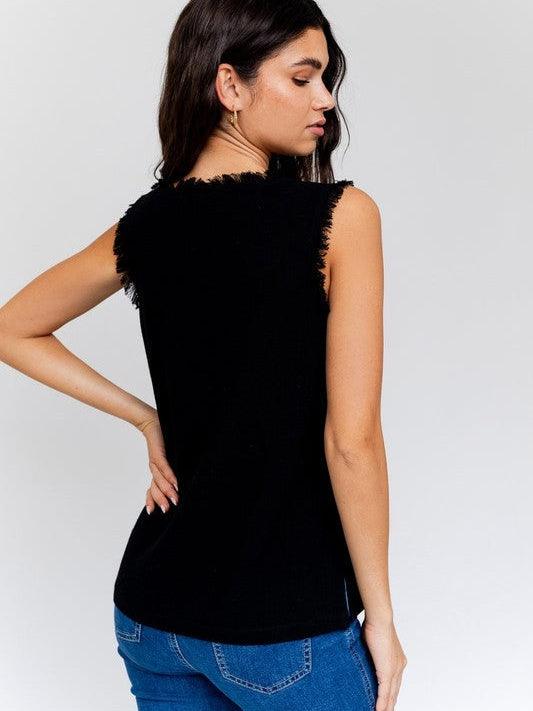 Frayed Style V-neck Top-Women's Clothing-Shop Z & Joxa