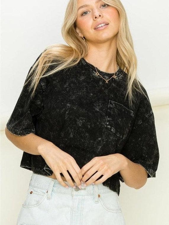 Front Pocket Cropped Tee in Acid Wash Black-Women's Clothing-Shop Z & Joxa