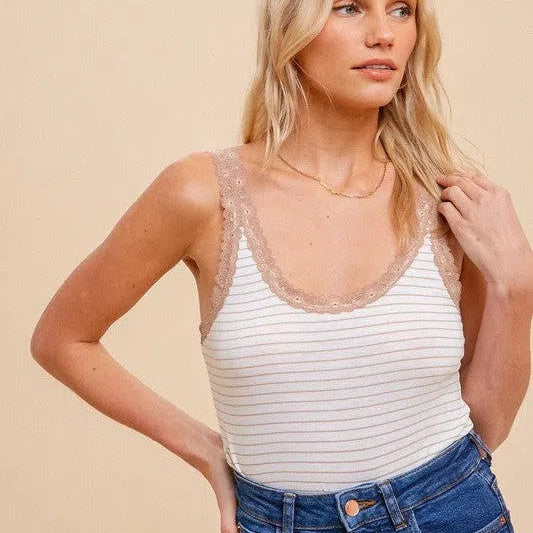 Get it Girl Lace Trimmed Striped Cami Tank Top-Women's Clothing-Shop Z & Joxa