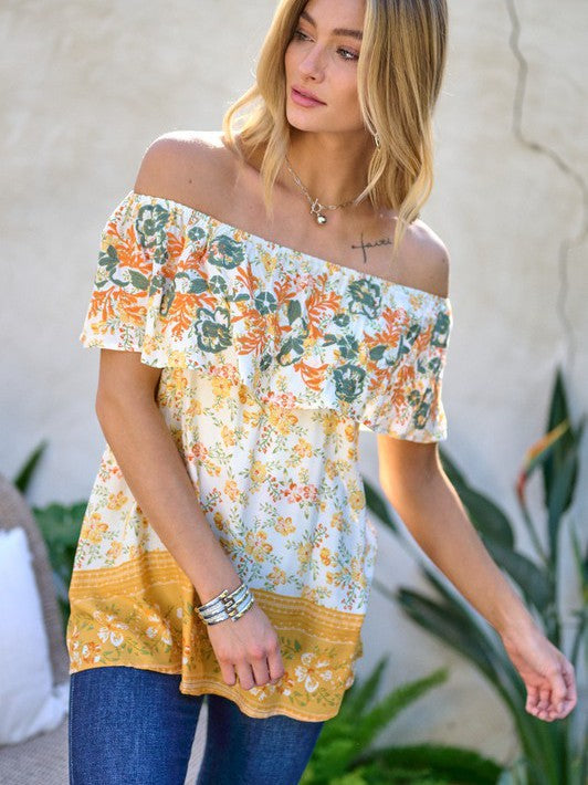 Glowing Off The Shoulder Printed Smocked Top-Women's Clothing-Shop Z & Joxa