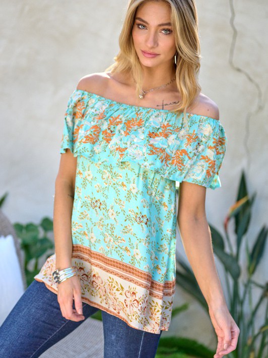 Glowing Off The Shoulder Printed Smocked Top-Women's Clothing-Shop Z & Joxa