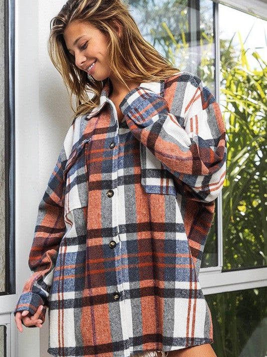 Go Big Checkered Point Long Sleeve Textured Shacket-Women's Clothing-Shop Z & Joxa