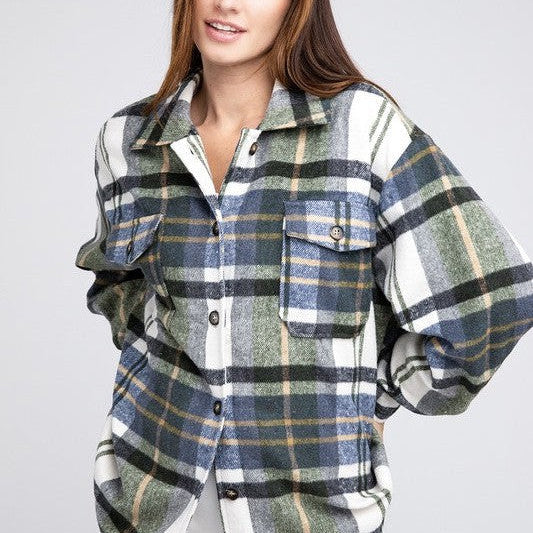 Go Big Checkered Point Long Sleeve Textured Shacket