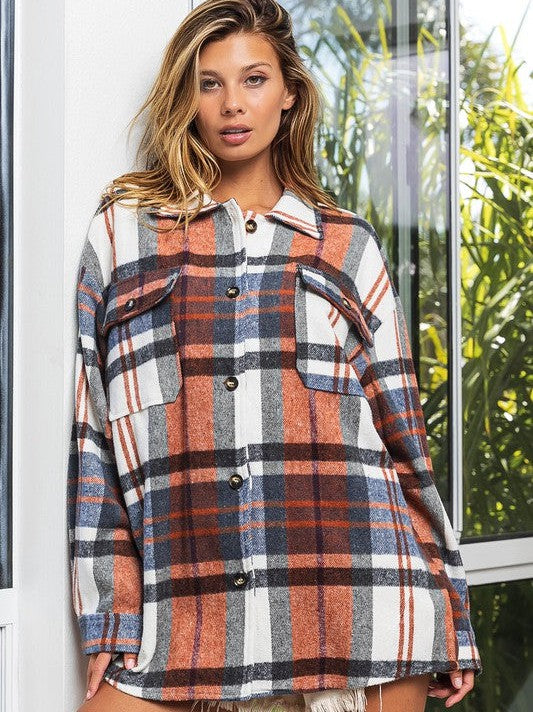 Go Big Checkered Point Long Sleeve Textured Shacket-Women's Clothing-Shop Z & Joxa