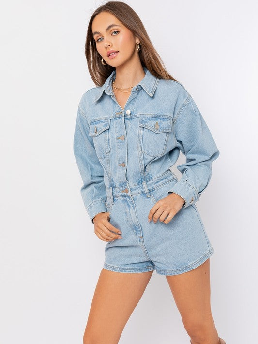 Go Free, Go lively, Go Denim Long Sleeve Romper-Women's Rompers-Shop Z & Joxa