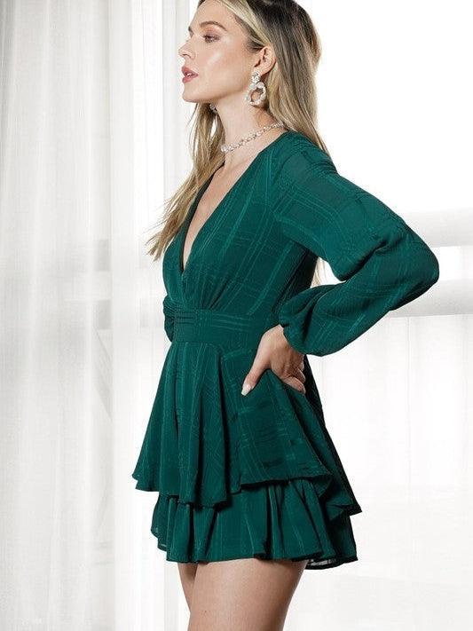 Green Goddess Long Sleeve Tiered MIni Romper - Z & Joxa Co.