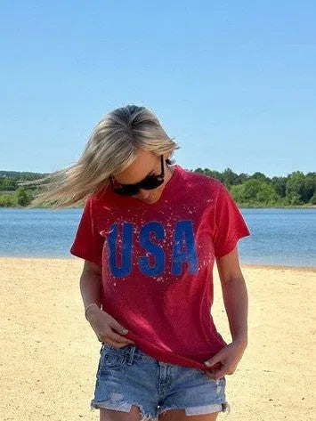 Heather Red Distressed Look USA Graphic Tee-Women's Clothing-Shop Z & Joxa