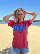 Heather Red Distressed Look USA Graphic Tee-Women's Clothing-Shop Z & Joxa