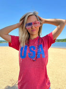 Heather Red Distressed Look USA Graphic Tee-Women's Clothing-Shop Z & Joxa