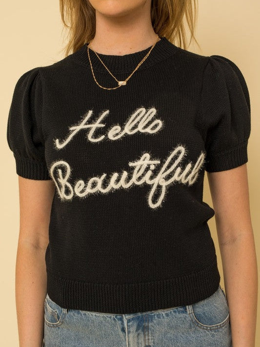 Hello Beautiful Short Puff Sleeve Sweater Top-Women's Clothing-Shop Z & Joxa