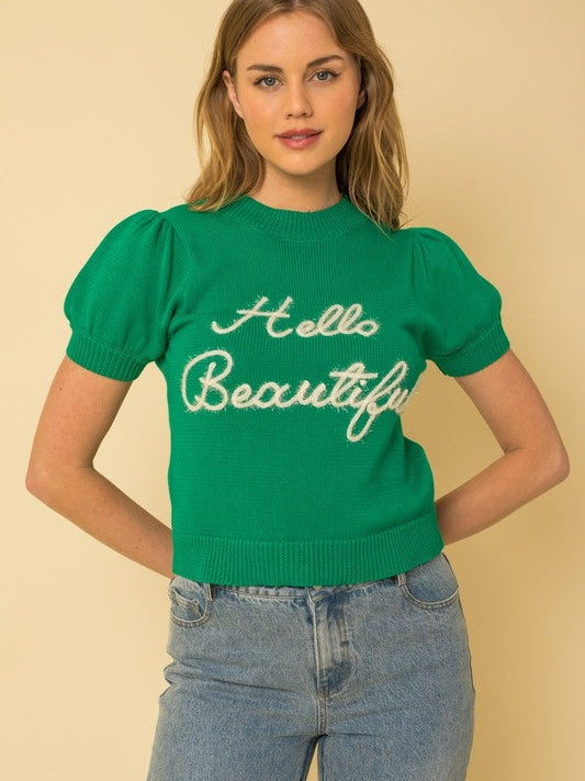 Hello Beautiful Short Puff Sleeve Sweater Top-Women's Clothing-Shop Z & Joxa