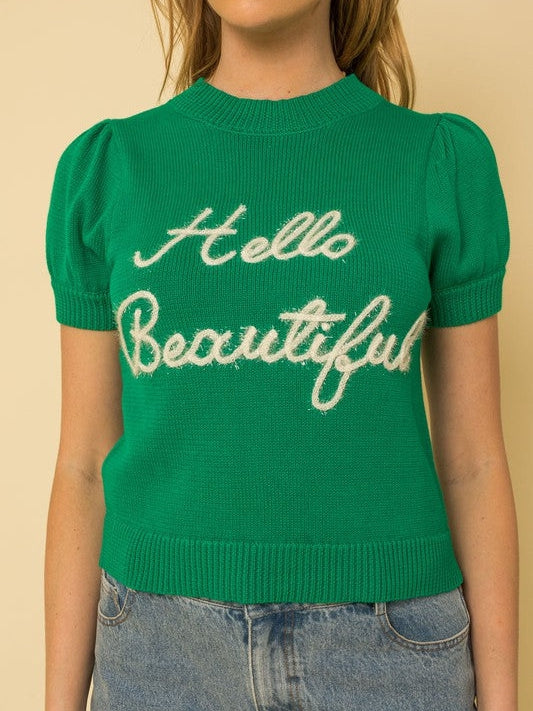 Hello Beautiful Short Puff Sleeve Sweater Top-Women's Clothing-Shop Z & Joxa