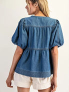 Hello Dolly Baby Doll Medium Wash Puff Denim Top-Women's Shirts & Tops-Shop Z & Joxa