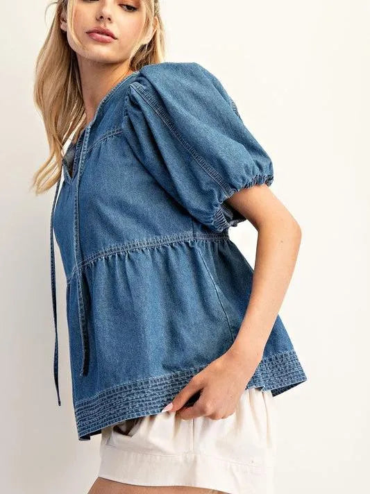 Hello Dolly Baby Doll Medium Wash Puff Denim Top-Women's Shirts & Tops-Shop Z & Joxa