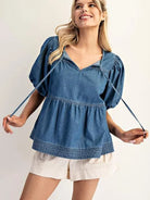 Hello Dolly Baby Doll Medium Wash Puff Denim Top-Women's Shirts & Tops-Shop Z & Joxa