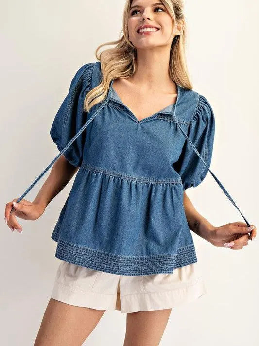 Hello Dolly Baby Doll Medium Wash Puff Denim Top-Women's Shirts & Tops-Shop Z & Joxa