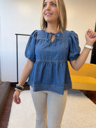 Hello Dolly Baby Doll Medium Wash Puff Denim Top-Women's Shirts & Tops-Shop Z & Joxa