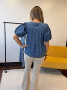 Hello Dolly Baby Doll Medium Wash Puff Denim Top-Women's Shirts & Tops-Shop Z & Joxa