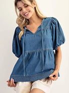 Hello Dolly Baby Doll Medium Wash Puff Denim Top-Women's Shirts & Tops-Shop Z & Joxa