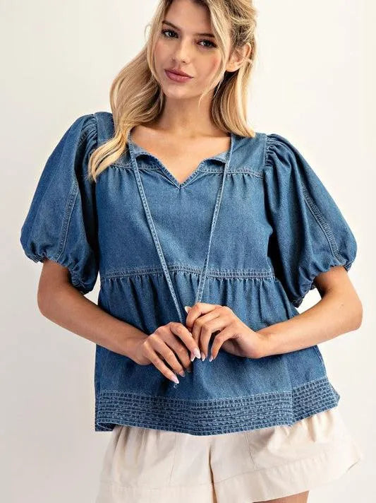 Hello Dolly Baby Doll Medium Wash Puff Denim Top-Women's Shirts & Tops-Shop Z & Joxa
