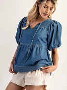 Hello Dolly Baby Doll Medium Wash Puff Denim Top-Women's Shirts & Tops-Shop Z & Joxa