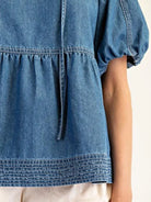 Hello Dolly Baby Doll Medium Wash Puff Denim Top-Women's Shirts & Tops-Shop Z & Joxa