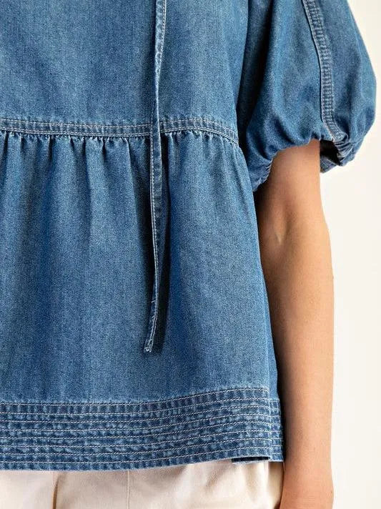 Hello Dolly Baby Doll Medium Wash Puff Denim Top-Women's Shirts & Tops-Shop Z & Joxa