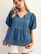 Hello Dolly Baby Doll Medium Wash Puff Denim Top-Women's Shirts & Tops-Shop Z & Joxa